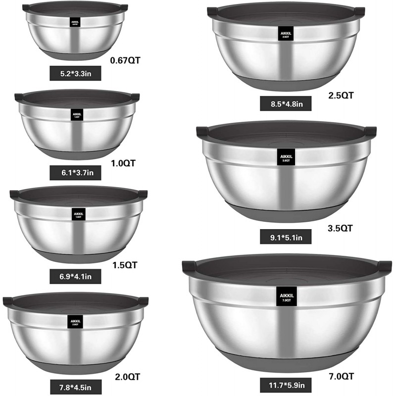 밀폐 뚜껑이 있는 믹싱 볼, 20피스 스테인리스 스틸 금속 중첩 볼, AIKKIL 미끄럼 방지 실리콘 바닥, 크기 7, 3.5, 2.5, 2.0,1.5, 1,0.67QT 믹싱, 베이킹, 서빙(회색)에 적합: 가정 및 주방