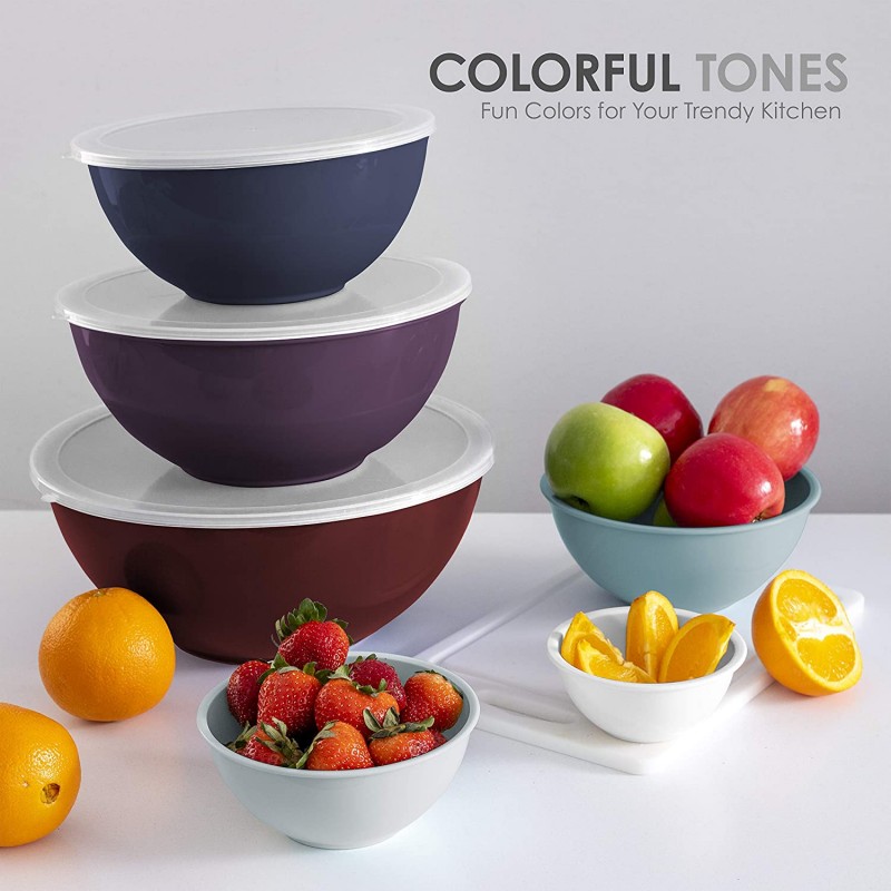 Cook with Color Mixing Bowls with Lids - 12피스 플라스틱 네스팅 그릇 세트에는 6개의 준비 그릇과 6개의 뚜껑이 포함되어 있으며 전자레인지용 전자레인지용 믹싱 그릇 세트(큰 홍당무 그릇이 포함된 여러 색상 세트): 가정 및 주방