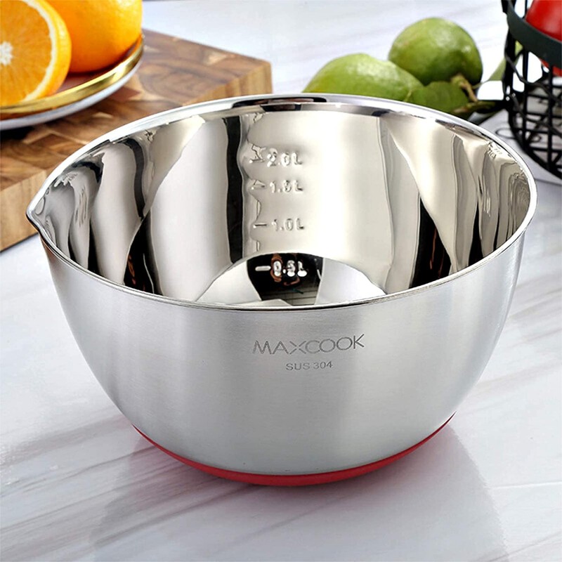 MAXCOOK 스테인레스 스틸 샐러드 믹싱 볼 2L 내부 측정 미끄럼 방지 실리콘 바닥, 요리, 베이킹, 준비, 혼합, 1 개, 최대 용량 3L: 샐러드 볼