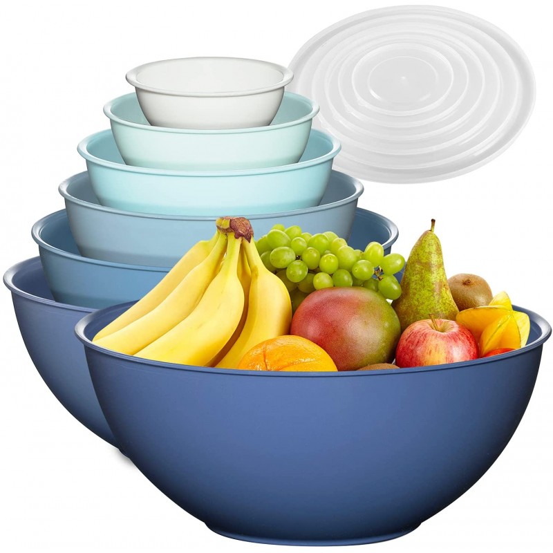 12피스 플라스틱 믹싱 그릇 세트, 뚜껑이 있는 다채로운 네스팅 그릇, 6개의 준비 그릇 및 6개의 뚜껑 - 남은 음식, 과일, 샐러드, 스낵 및 포트럭 요리를 위한 컬러 식품 보관 - 전자레인지 및 냉동고 안전: 가정 및 주방