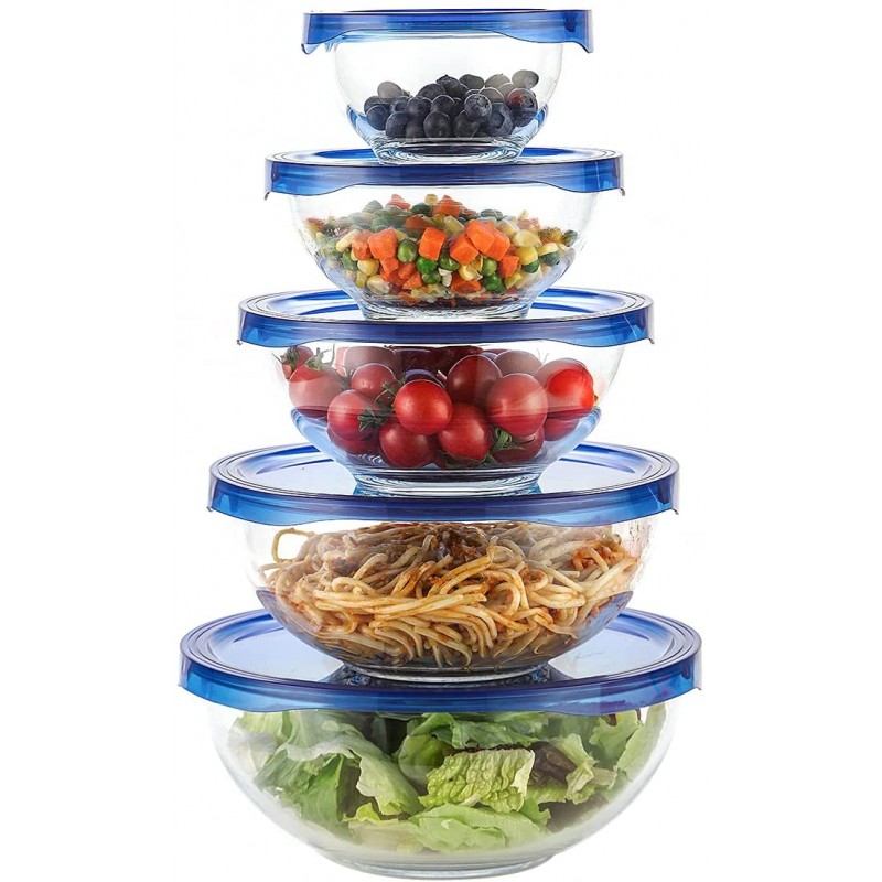 Doonmi- 5 Pack Essential Glass Mixing Bowl with Blue Lid(0.5 Quart, 0.9 Quart, 1.5 Quart, 2.5 Quart, 3.5 Quart), 전자 레인지, 오븐, 식기 세척기, 냉동실 안전, 요리, 베이킹에 적합합니다.: 가정 및 주방