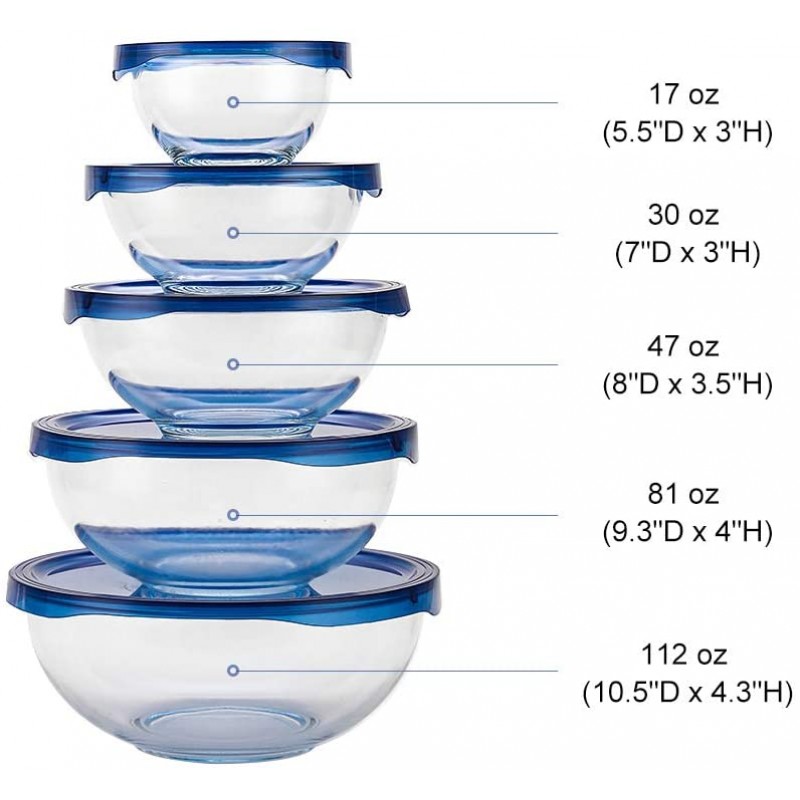 Doonmi- 5 Pack Essential Glass Mixing Bowl with Blue Lid(0.5 Quart, 0.9 Quart, 1.5 Quart, 2.5 Quart, 3.5 Quart), 전자 레인지, 오븐, 식기 세척기, 냉동실 안전, 요리, 베이킹에 적합합니다.: 가정 및 주방