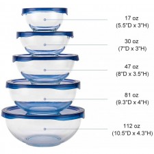 Doonmi- 5 Pack Essential Glass Mixing Bowl with Blue Lid(0.5 Quart, 0.9 Quart, 1.5 Quart, 2.5 Quart, 3.5 Quart), 전자 레인지, 오븐, 식기 세척기, 냉동실 안전, 요리, 베이킹에 적합합니다.: 가정 및 주방