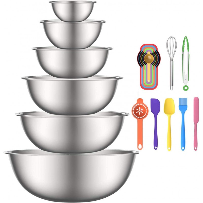 스테인레스 스틸 믹싱 볼, AIKKIL에서 설정한 6pcs 금속 그릇, 공간 절약형 저장을 위한 중첩 그릇, 청소하기 쉽고, 서빙, 요리, 베이킹, 준비: 가정 및 주방