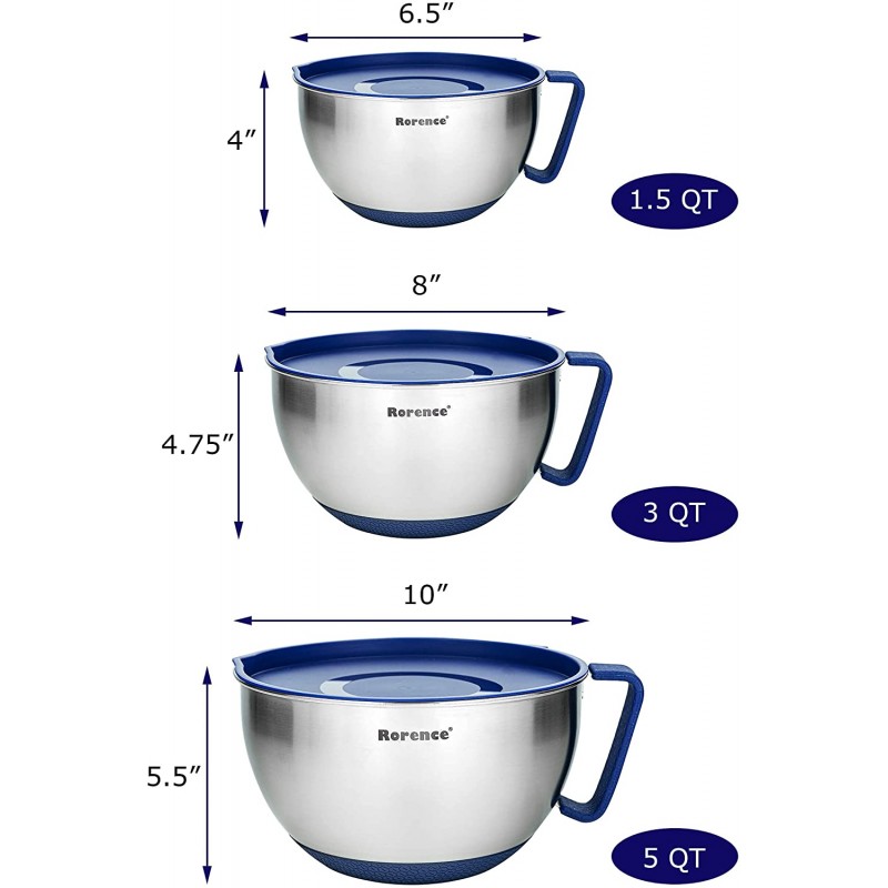 Rorence 믹싱 그릇 세트: 주둥이, 손잡이 및 뚜껑이 있는 스테인리스 스틸 미끄럼 방지 그릇 - 3개 세트 - 파란색: 가정 및 주방