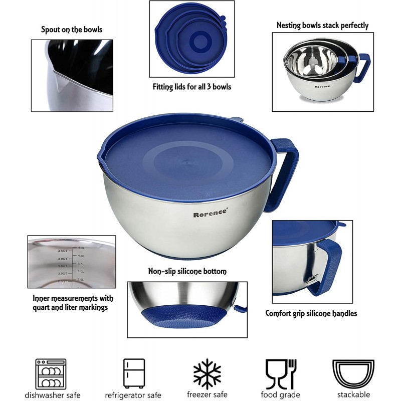 Rorence 믹싱 그릇 세트: 주둥이, 손잡이 및 뚜껑이 있는 스테인리스 스틸 미끄럼 방지 그릇 - 3개 세트 - 파란색: 가정 및 주방
