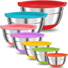 밀폐 뚜껑이있는 혼합 그릇, 7PCS 스테인레스 스틸 금속 중첩 그릇, 다채로운 미끄럼 방지 바닥 크기 7, 5.5, 4, 3.5, 2.5, 2, 1.5 QT, 혼합 및 서빙에 적합: 가정 및 주방