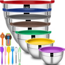 다채로운 밀폐 뚜껑이 있는 믹싱 그릇, 주방용 Fungun 20 PCS 스테인리스 스틸 믹싱 그릇, 크기 5-3.5-2.5-2-1.5-1-0.7 QT, 혼합, 베이킹, 서빙을 위한 주방 도구 세트가 있는 금속 중첩 그릇: 가정 및 주방