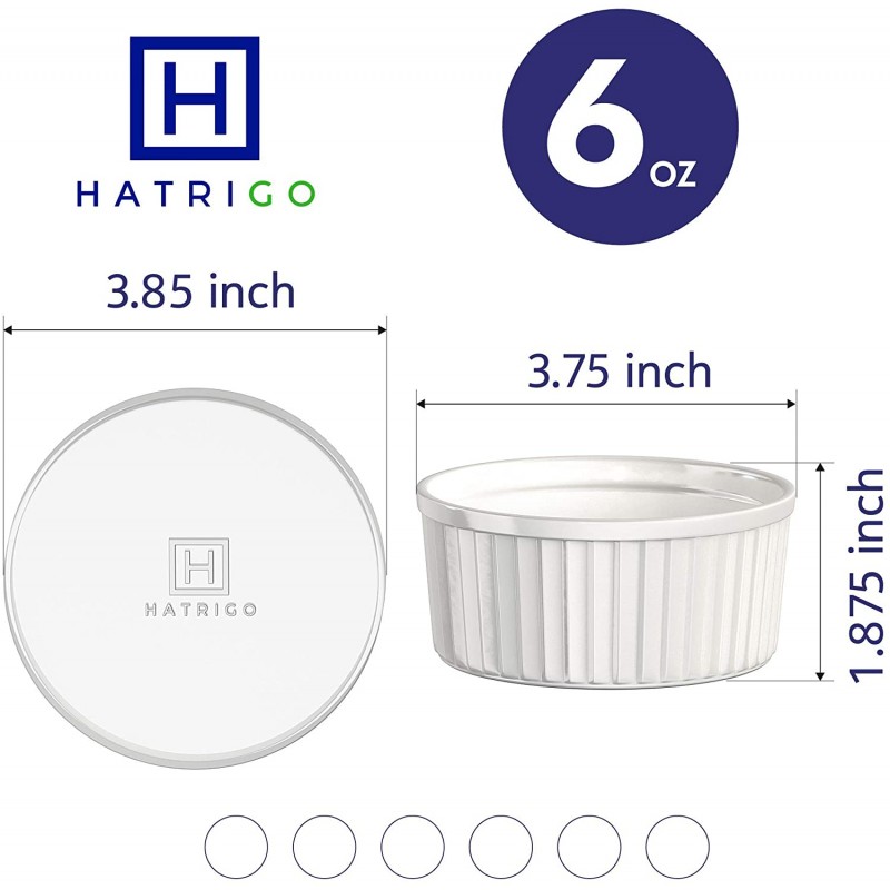 실리콘 보관 뚜껑이 있는 Hatrigo Porcelain Ramekins, 흰색 Ramekins 6개 세트, Ramekins 6oz 오븐 금고, 450 deg F, 식기 세척기 금고: 가정 및 주방