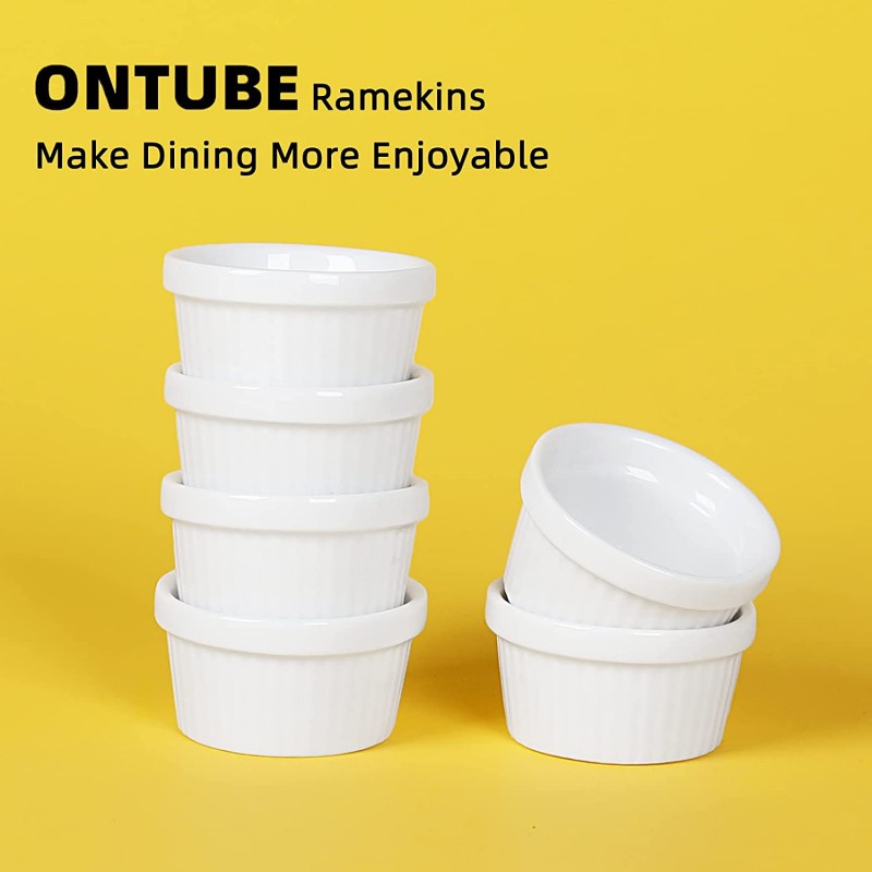 ONTUBE Ramekins - Creme Brulee 요리용 도자기 Ramekins, 디핑 소스, 베이킹 푸딩 컵, 수플레 그릇, 오븐 금고, 6개 세트(1OZ, 흰색): 가정 및 주방