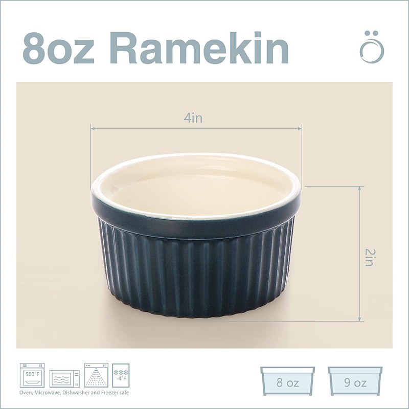 ONEMORE 8oz Ramekin 클래식 플루티드 사이드 수플레 6개 세트(Aeqean): 가정 및 주방