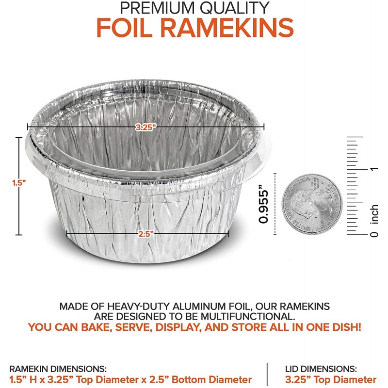 투명 플라스틱 뚜껑이 있는 가정용 호일 라메킨 재고(100팩) - 재활용 및 일회용 미니 라메킨 - 소스용 호일 컵케이크 라이너, 크림 브륄레, 녹은 용암 케이크, 케이터링, 식품 샘플링: 가정 및 주방