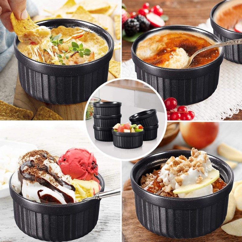 Yachi Black Souffle Ramekins: 4oz 6 조각 세라믹 베이킹 Ramekin 세트 오븐 안전 도자기 제빵기구 소스 담그기 | 양파 수프 | 용암 케이크 | 플랜 | 크림 브륄레 | 푸딩 | 미니 커스터드: 가정 및 주방