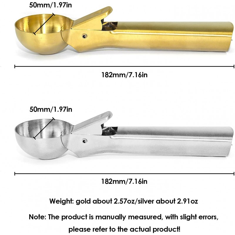 방아쇠를 당기는 POOVIYER 아이스크림 특종 편안한 부동액 손잡이가 있는 프리미엄 스테인리스 스틸 골드 아이스크림 수저 쿠키 스푼, 냉동 요구르트, 젤라또, 순대, 반죽, 과일, 2팩에 매우 적합: 가정 및 주방