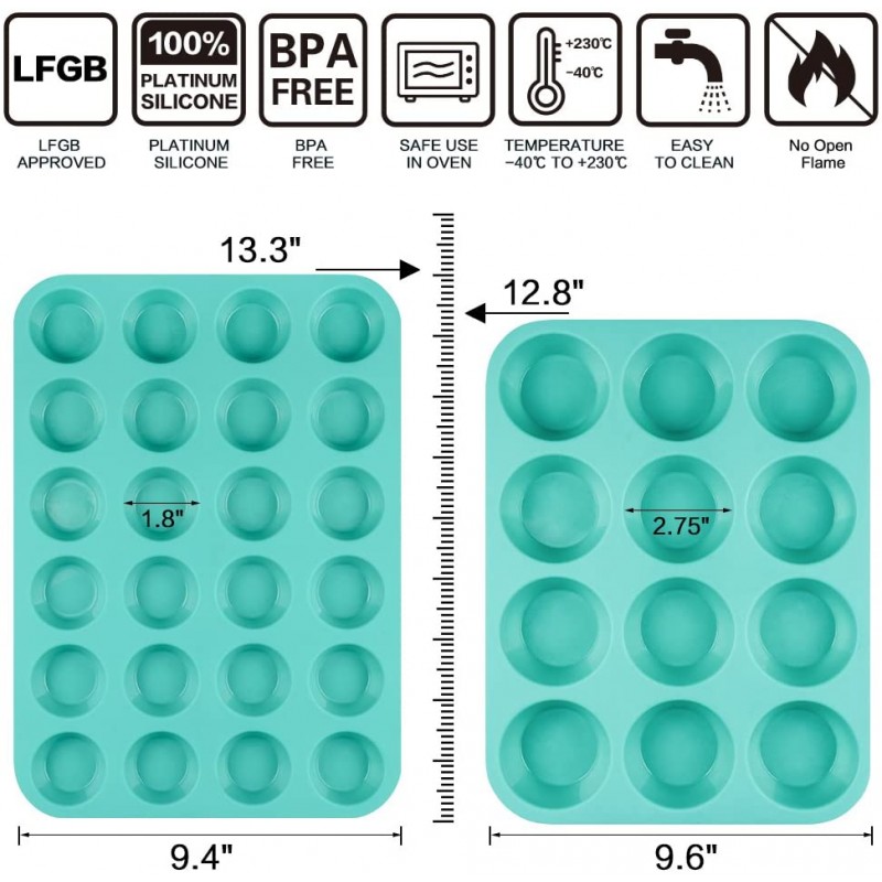 실리콘 머핀 팬 컵케이크 세트 - 미니 24컵 및 일반 12컵 머핀 주석, 12개의 실리콘 베이킹 컵이 있는 붙지 않는 BPA 무료 식품 등급 실리콘 몰드: 가정 및 주방