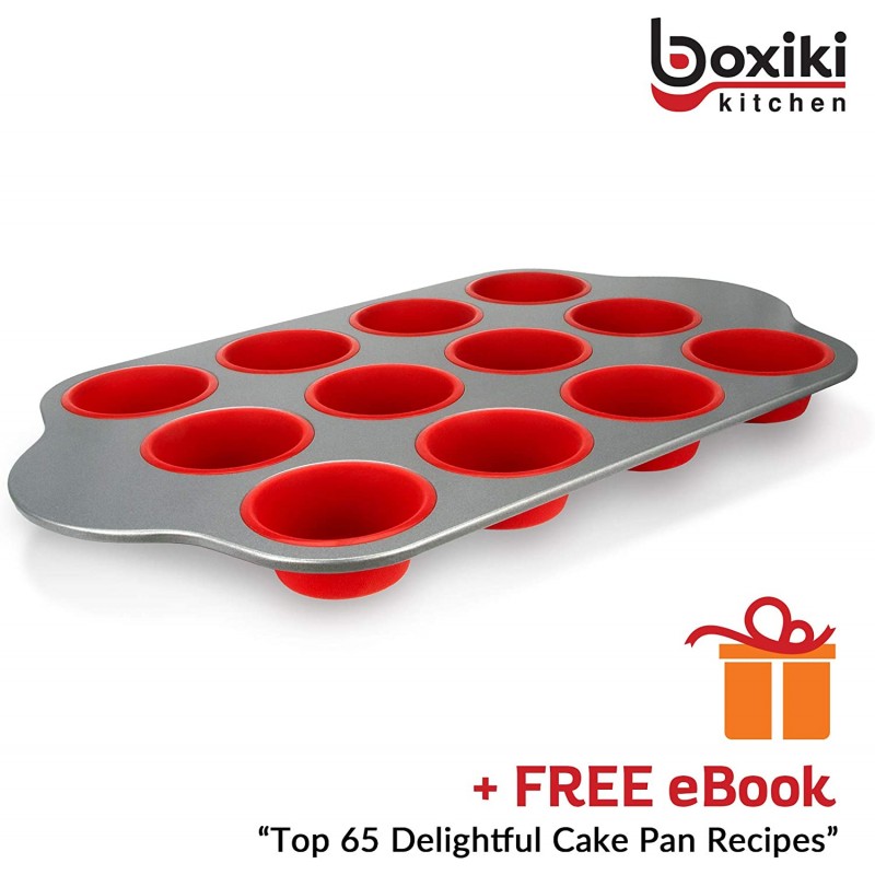 Boxiki Kitchen의 강철 프레임이 있는 실리콘 머핀 팬. 전문 붙지 않는 베이킹 머핀 금형. BPA-Free Bakeware 및 12개의 실리콘 머핀 컵 포함: 가정 및 주방