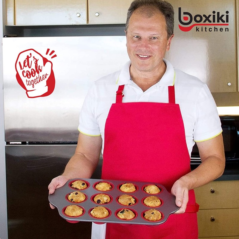 Boxiki Kitchen의 강철 프레임이 있는 실리콘 머핀 팬. 전문 붙지 않는 베이킹 머핀 금형. BPA-Free Bakeware 및 12개의 실리콘 머핀 컵 포함: 가정 및 주방