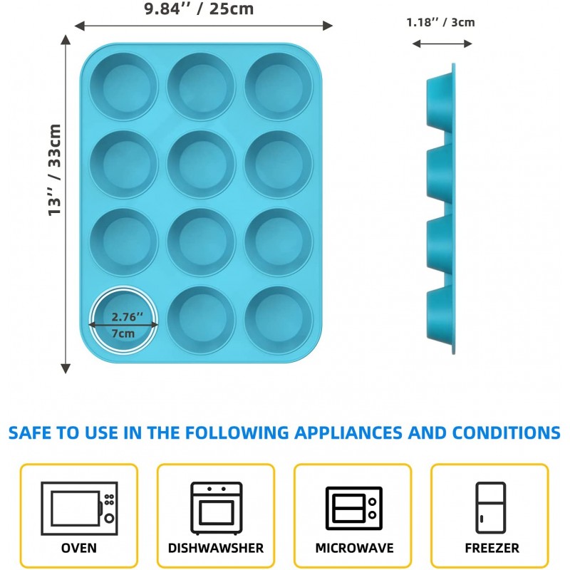 실리콘 머핀 팬 12 컵, Katbite Non-stick 컵케익 팬, 계란 머핀용 재사용 가능한 머핀 주석, 6Pcs 실리콘 베이킹 컵이 있는 치즈 케이크: 가정 및 주방