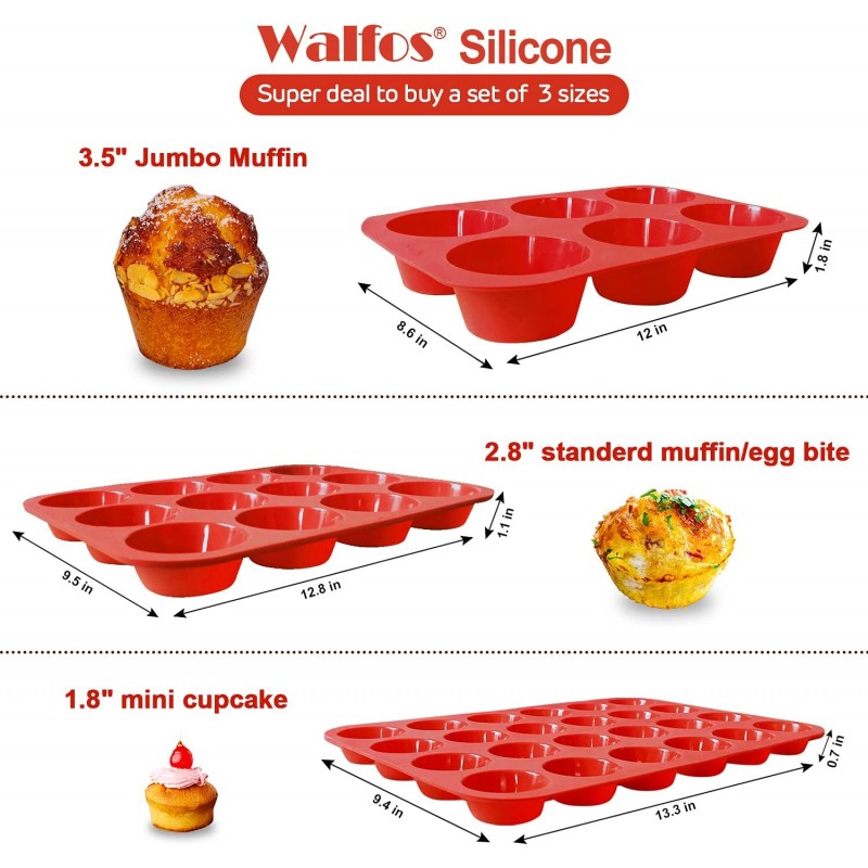 WALFOS BPA 무첨가 실리콘 머핀 팬 - 컵케이크 팬 3개 세트, 미니 24컵, 일반 12컵 머핀 팬 및 텍사스 사이즈 6컵 머핀 팬, 쉽게 꺼낼 수 있음 - 식기세척기 및 전자레인지 사용 가능: 기타 모든 것