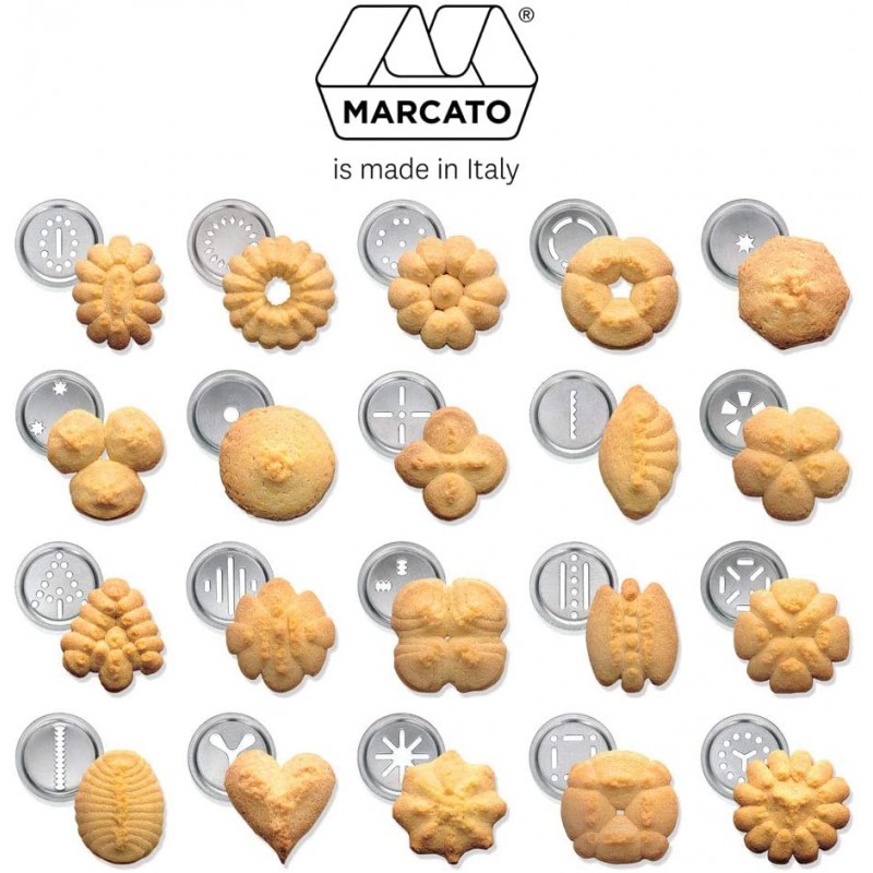 MARCATO Atlas Biscuit Maker Press, Made in Italy, 20개의 쿠키 디스크 모양, 클래식 실버 포함 : 가정 및 주방