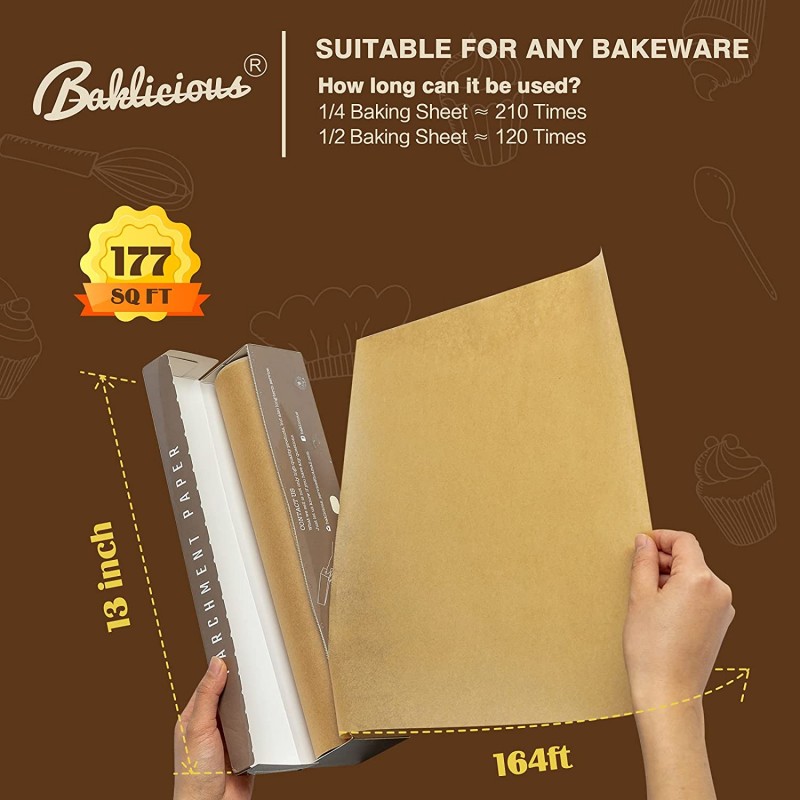 BAKLICIOUS 표백되지 않은 양피지 롤 177 Sq Ft, 13 In X 164 Ft 베이킹용 비 점착성 베이킹 양피지, 베이킹 빵, 쿠키, 열 프레스, 팬, 오븐, 에어 프라이를 위한 식품 등급 요리 종이: 가정 및 주방