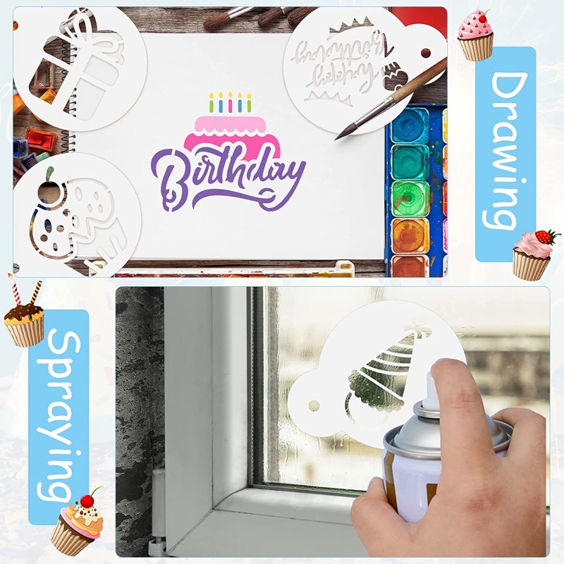 생일 축하를위한 20 조각 쿠키 스텐실 생일 축하 테마 케이크 쿠키 베이킹 스텐실 그림 템플릿 재사용 가능한 귀여운 스텐실 그림 금형 도구, 디저트, 커피 장식 금형 : 가정 및 주방