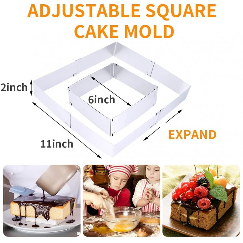 2 케이크 몰드 조절 가능한 무스 링 2종 세트, 헤비 듀티 6-12인치 원형 케이크 링 몰드 및 6-11인치 사각 케이크 몰드 케이크 링(원형+사각형) : 홈 & 주방