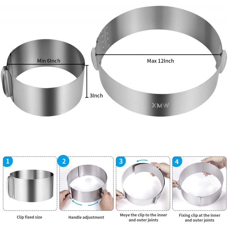 XMW 6 팩 스테인레스 스틸 케이크 링, 6 ~ 12 인치 케이크 몰드 링 1 개 및 3 인치 케이크 무스 링 (링 1 개, 푸셔 1 개) 베이킹, 케이크 무스 요리 몰드 또는 케이크 절단을위한 5 개. : 가정 및 주방