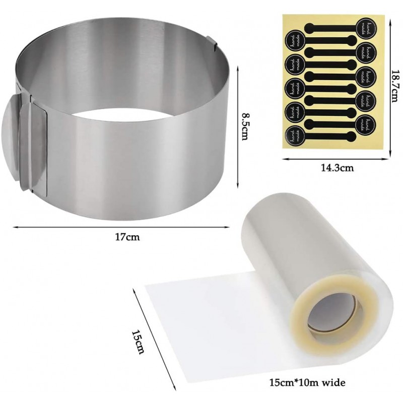 베이킹용 케이크 무스 몰드 및 아세테이트 시트, 스테인레스 스틸 6 ~ 12인치 조정 가능한 케이크 몰드 링, 5.9 x 394인치 무스 케이크 시트, 케이크 칼라 케이크 무스 몰드 케이크 베이킹 케이크 장식 세트: 가정 및 주방