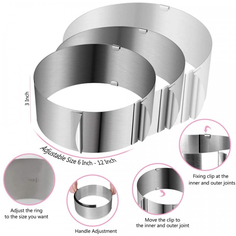 스테인레스 스틸 케이크 몰드 세트 - 조절 가능한 케이크 링 1개, 푸셔가 있는 미니 디저트 무스 몰드 2개, 베이킹용 롤 4 x 394인치 아세테이트 시트 1개: 가정 및 주방