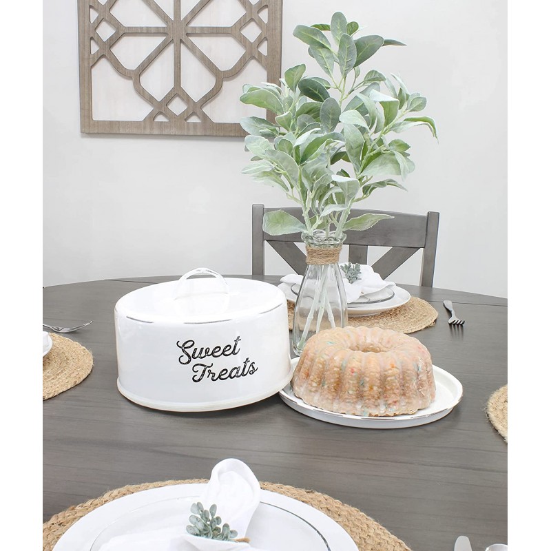 AuldHome 에나멜웨어 화이트 케이크 커버; 돔형 뚜껑이 있는 소박한 장식용 케이크 플레이트 : 가정 및 주방