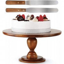 나무 케이크 스탠드 아카시아 - 2개의 아이싱 주걱이 있는 13인치 케이크 스탠드 - 결혼식 및 생일 케이크 받침대 - 파티, 결혼식, 레스토랑에서 사용하기에 이상적인 100% 천연 - 매우 안정적(호두 색상1) : 가정 및 주방