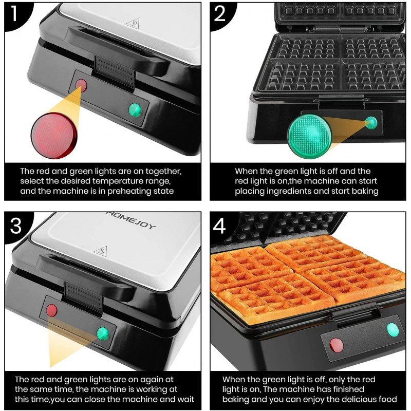 [110볼트] HOMEJOY 벨기에 와플 메이커, 4슬라이스 클래식 스테인리스 스틸 오버플로 방지 와플 다리미, 온도 조절 기능, 붙지 않는 플레이트, 컴팩트한 디자인, 표시등, 1300W: 가정 및 주방