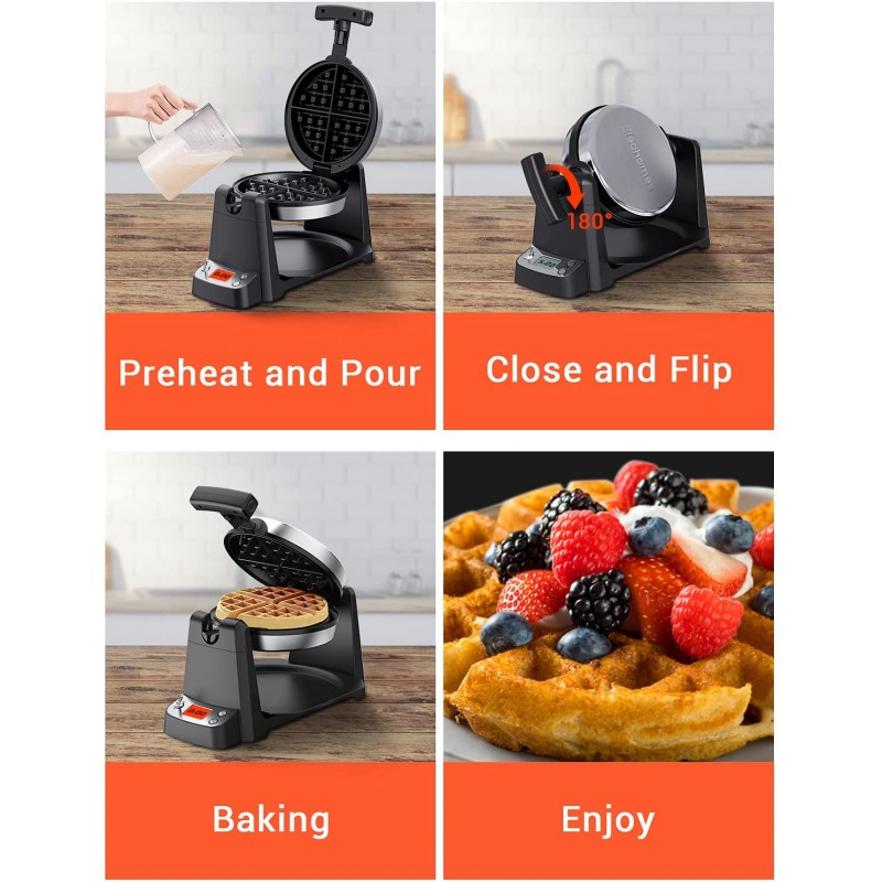 [110볼트] Flip Belgian Waffle Maker, Elechomes LCD 디스플레이가 장착된 180° 회전 와플 다리미(1.4인치 두께 와플) 디지털 타이머 붙지 않는 코팅 플레이트 탈착식 드립 트레이 레시피 포함, 스테인리스 스틸: 가정 및 주방