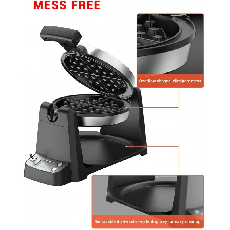 [110볼트] Flip Belgian Waffle Maker, Elechomes LCD 디스플레이가 장착된 180° 회전 와플 다리미(1.4인치 두께 와플) 디지털 타이머 붙지 않는 코팅 플레이트 탈착식 드립 트레이 레시피 포함, 스테인리스 스틸: 가정 및 주방