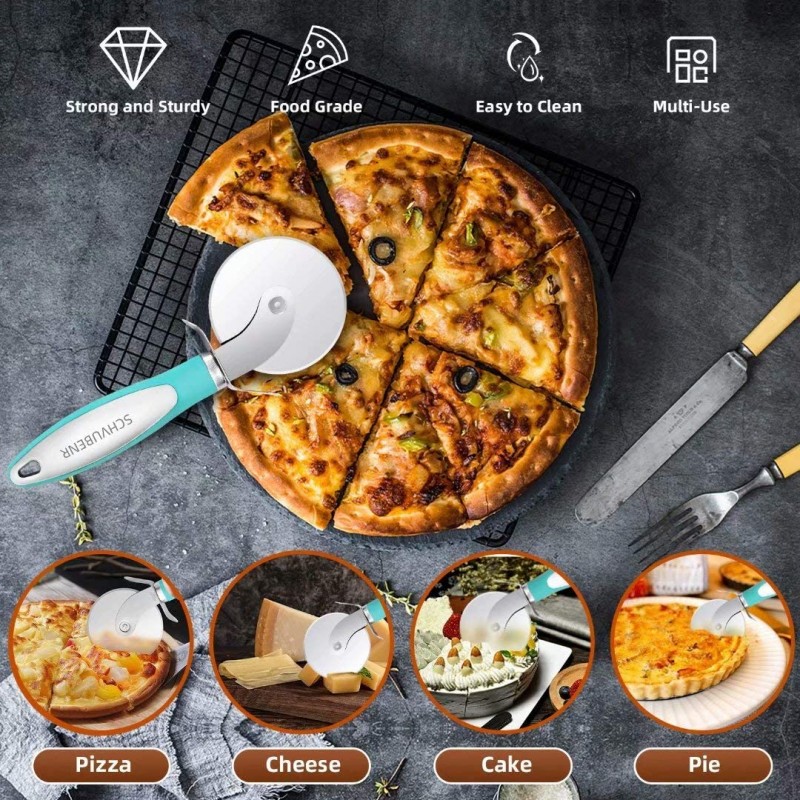 SCHVUBENR 프리미엄 피자 커터 - 스테인리스 스틸 피자 커터 휠 - 절단 및 청소가 용이함 - 슈퍼 샤프 피자 슬라이서 - 식기세척기 사용 가능 - 크고 작은 피자 취급 - Corte De Pizza(Blue): 가정 및 주방
