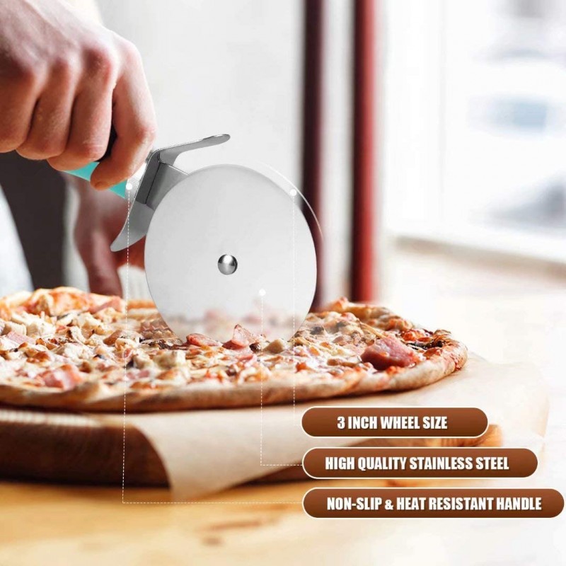 SCHVUBENR 프리미엄 피자 커터 - 스테인리스 스틸 피자 커터 휠 - 절단 및 청소가 용이함 - 슈퍼 샤프 피자 슬라이서 - 식기세척기 사용 가능 - 크고 작은 피자 취급 - Corte De Pizza(Blue): 가정 및 주방