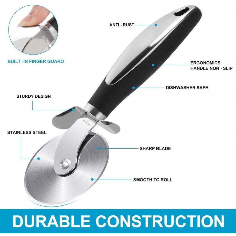 피자 커터 휠, 미끄럼 방지 인체 공학적 손잡이가 있는 슈퍼 샤프 스테인리스 스틸 피자 슬라이서, 피자, 파이, 도우 쿠키 및 와플에 이상적: 가정 및 주방