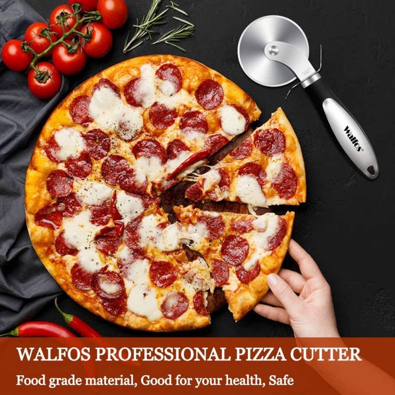 Walfos 피자 커터 - 피자, 파이, 와플 및 도우 쿠키에 이상적인 미끄럼 방지 손잡이, 슈퍼 샤프 및 내구성 블레이드가 있는 전문 피자 커터 휠 - 사용 및 청소 용이: 기타 모든 것
