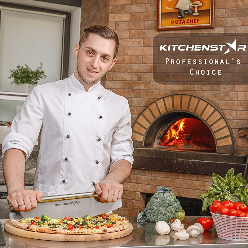 KitchenStar의 18인치 피자 커터 | 샤프 스테인리스 스틸 슬라이서 나이프 - 로커 스타일 w 블레이드 커버 | 잘게 썰어서 완벽한 부분 + 식기 세척기 안전 - 프리미엄 피자 오븐 액세서리: 가정 및 주방