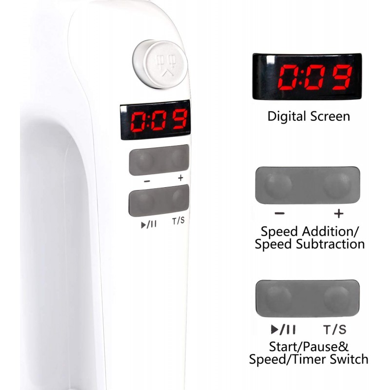 [110볼트] 디지털 화면이 있는 WELLIFE 9단 전동 핸드 믹서, 6개의 스테인리스 스틸 부착물 및 보관 케이스가 있는 400W 주방 핸드헬드 믹서, 쿠키, 케이크 믹싱에 완벽한 강력한 터보 및 타이머: 가정 및 주방