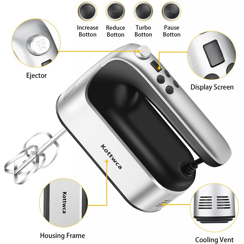 [110볼트] 보관 케이스가 있는 전기 핸드 믹서, 디지털 화면이 있는 450W 9단 핸드 믹서 주방 핸드헬드, 6개의 스테인리스 스틸 부착물+ 꺼내기 버튼, 휘핑용 반죽 크림 케이크 계란 샐러드 비스킷: 가정 및 주방