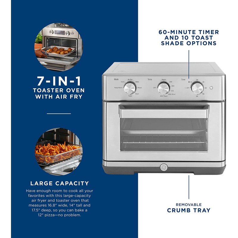 [110볼트] GE 기계식 에어프라이어 토스터 오븐 + 액세서리 세트 | 7가지 요리 모드가 있는 컨벡션 토스터 | 대용량 오븐 - 12인치 피자에 적합 | 조리대 주방 필수품 | 스테인리스 스틸 : 기타 모든 것