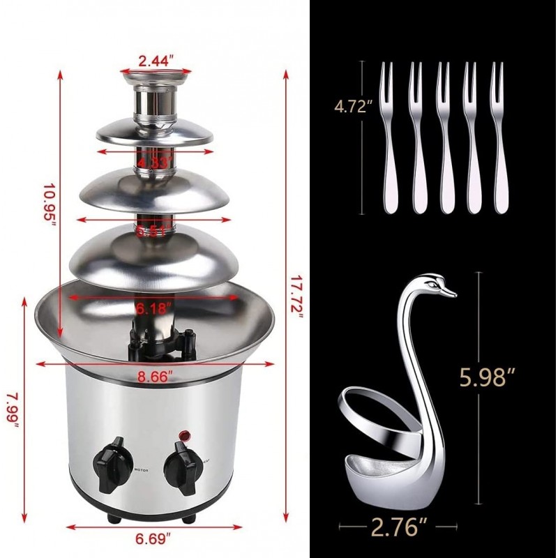 [110볼트] 초콜릿 분수, 디저트 포크, 스테인레스 스틸 계단식 퐁듀 분수, 4단으로 쉽게 조립할 수 있는 초콜릿 퐁듀 분수, 디저트 포크 포함, 나초 치즈에 딱, 바베큐 소스: 가정 및 주방