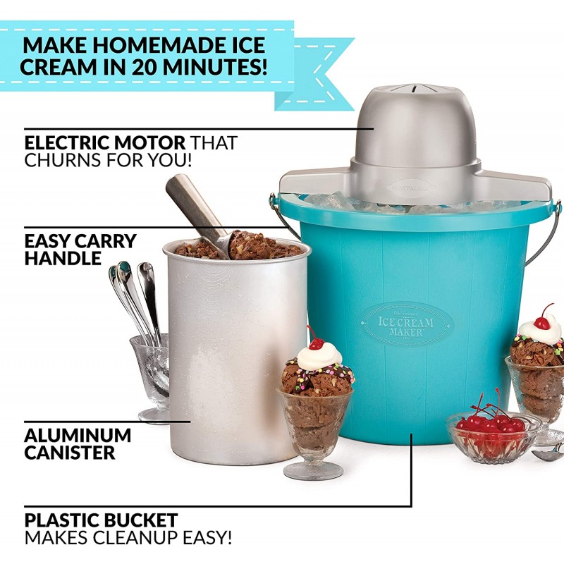 [110볼트] 휴대가 간편한 손잡이가 있는 Nostalgia Electric Maker로 4쿼트의 아이스크림, 냉동 요거트 또는 젤라토를 몇 분 만에 만들 수 있습니다. – 파란색 : 기타