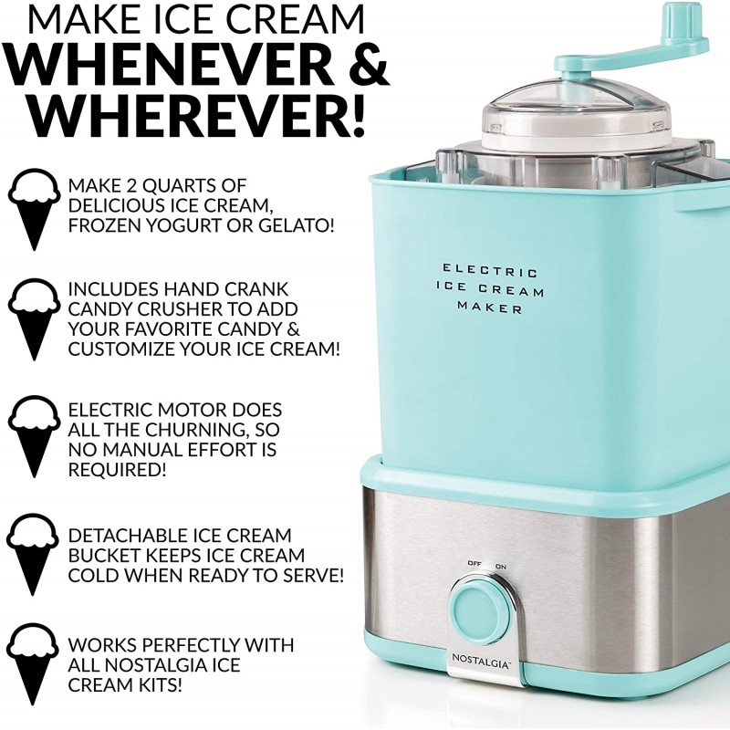 [110볼트] Nostalgia CCIM2AQ Electric Ice Cream Maker Crusher는 몇 분 만에 2쿼트, 냉동 요구르트 또는 소르베를 만들고 캔디 바, M&M, 초콜릿 칩, 견과류 등, 2세대 아쿠아와 함께 작동합니다.