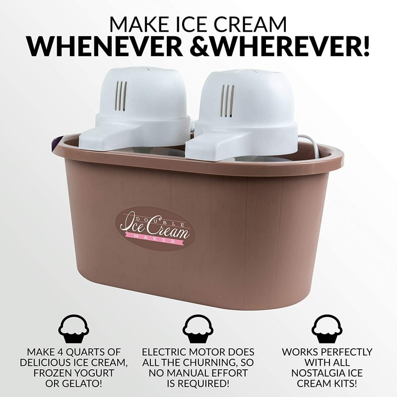 [110볼트] Nostalgia PICM2DBL Double Flavor Electric Bucket Ice Cream Maker는 몇 분 만에 4쿼트, 냉동 요구르트, 젤라토, 세척하기 쉬운 플라스틱 라이너, 2개의 2Qt 용기 포함, 브라운: 가정 및 주방