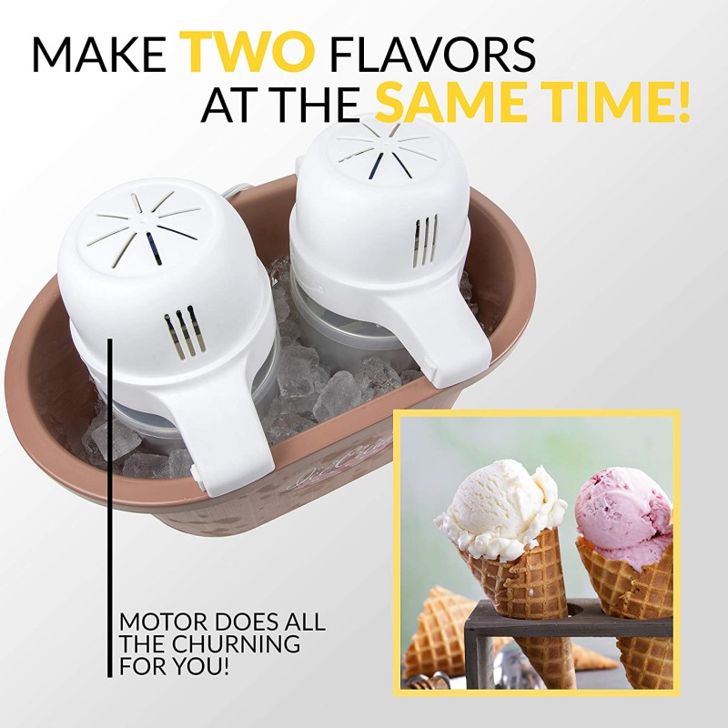 [110볼트] Nostalgia PICM2DBL Double Flavor Electric Bucket Ice Cream Maker는 몇 분 만에 4쿼트, 냉동 요구르트, 젤라토, 세척하기 쉬운 플라스틱 라이너, 2개의 2Qt 용기 포함, 브라운: 가정 및 주방