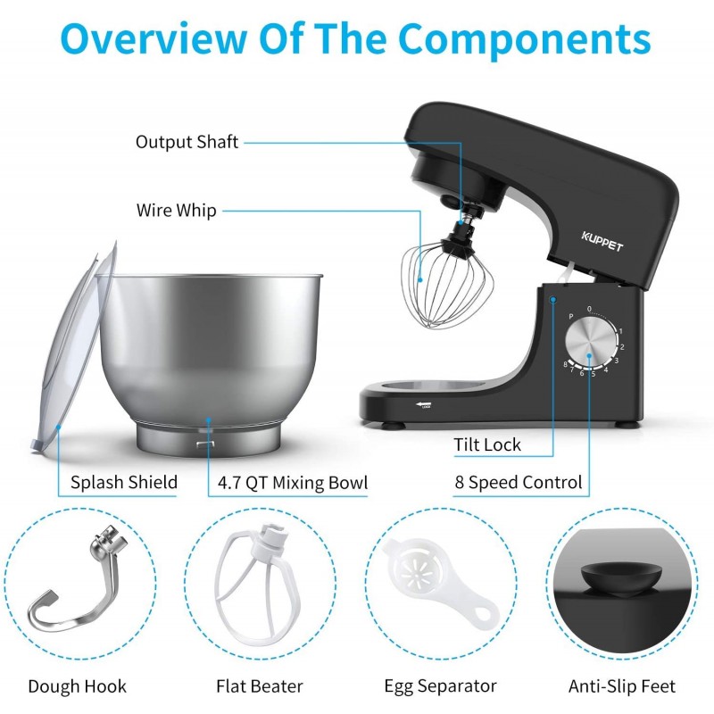 [110볼트] KUPPET 스탠드 믹서, 8단 틸트 헤드 전기 식품 스탠드 믹서, 도우 후크, 와이어 휩 & 비터, 푸어링 쉴드, 4.7QT 스테인리스 스틸 그릇 - 블랙: 가정 및 주방