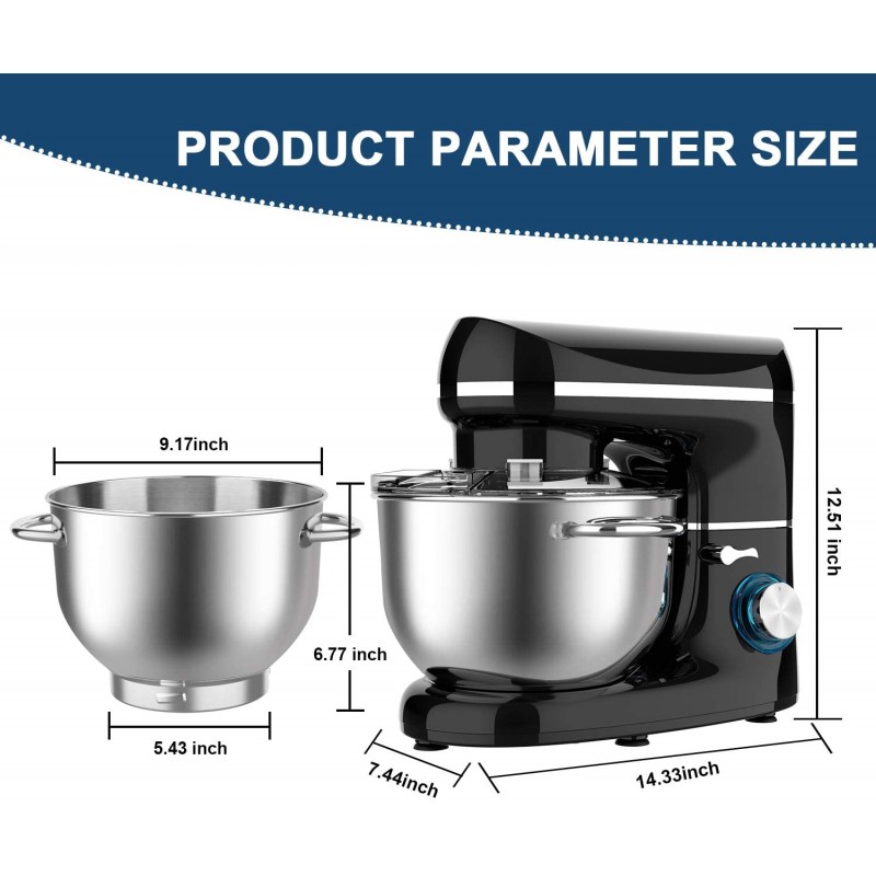 [110볼트] KUCCU 스탠드 믹서, 6 Qt 660W, 6단 틸트 헤드 식품 반죽 믹서, 스테인레스 스틸 그릇이 있는 주방 전기 믹서, 반죽 후크, 거품기, 비터, 계란 흰자 분리기(6-QT, Black-1): 가정 및 주방